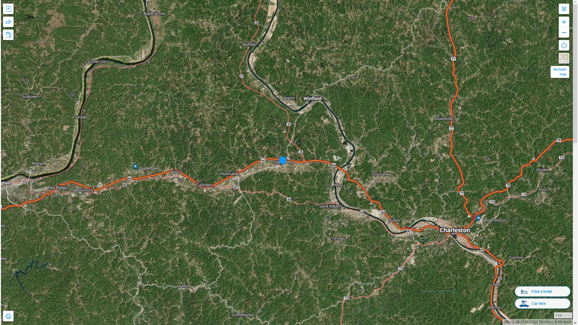 Teays Valley West Virginia Highway and Road Map with Satellite View